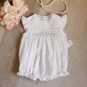 White Smocked Romper Rose Garden Collection Fly Sleeve Feltman Brothers NWT